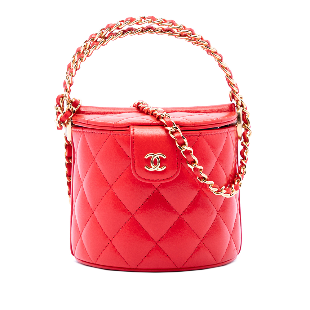 Pre-Loved Chanel CC Quilted Lambskin Top Handle Round Vanity Case with Chain